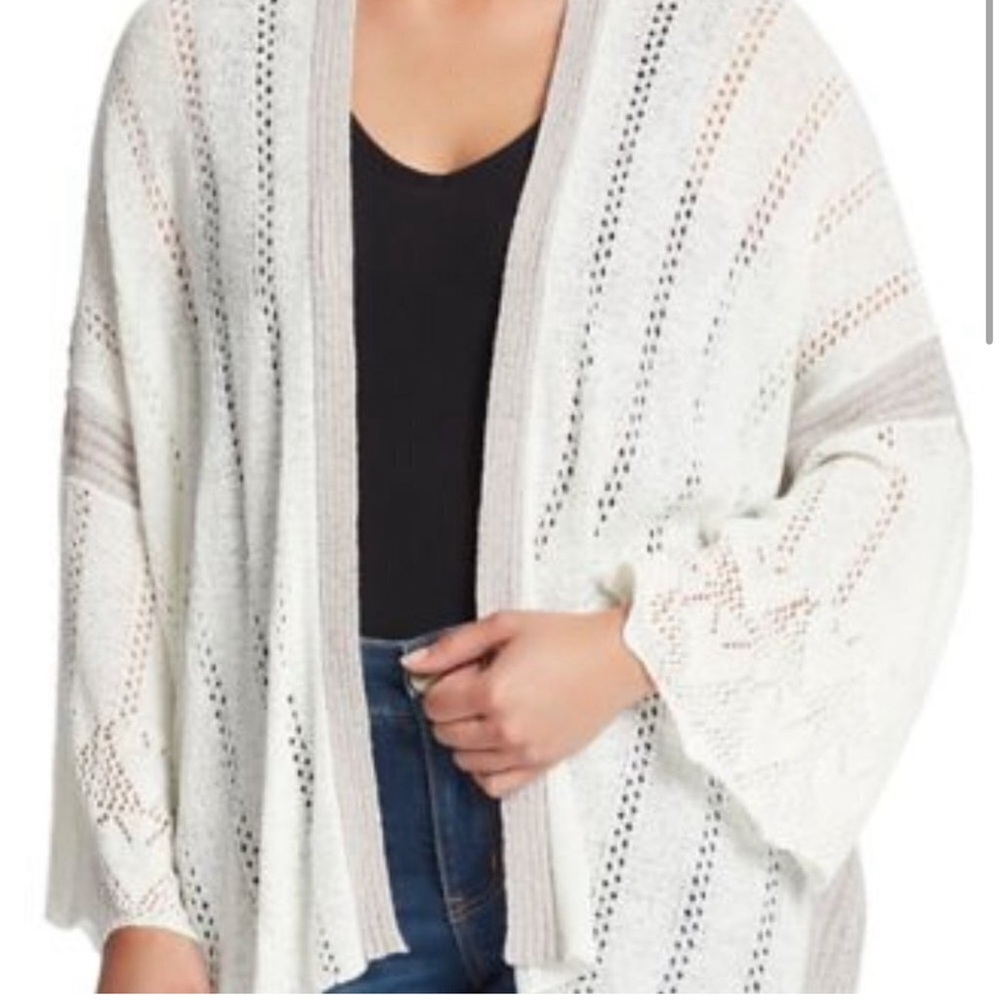 Vintage America Flare Sleeve Crochet Knit Sweater Cream and Gray Cardigan Large